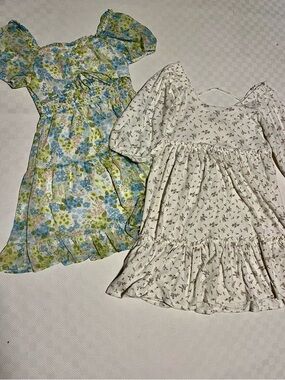 Floral Puff-Sleeve Girls' Dress - Blue & Cream